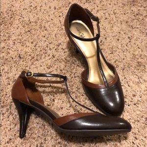east 5th brown T strap heels